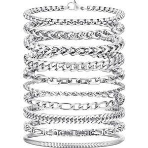 Silver Chain Bracelet Set for Men Women 10 Pack Rope Cuban Figaro Paperclip Link